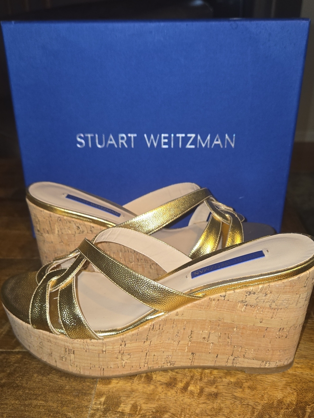 Stuart Weitzman Metallic Gold Cork Wedge Sandals